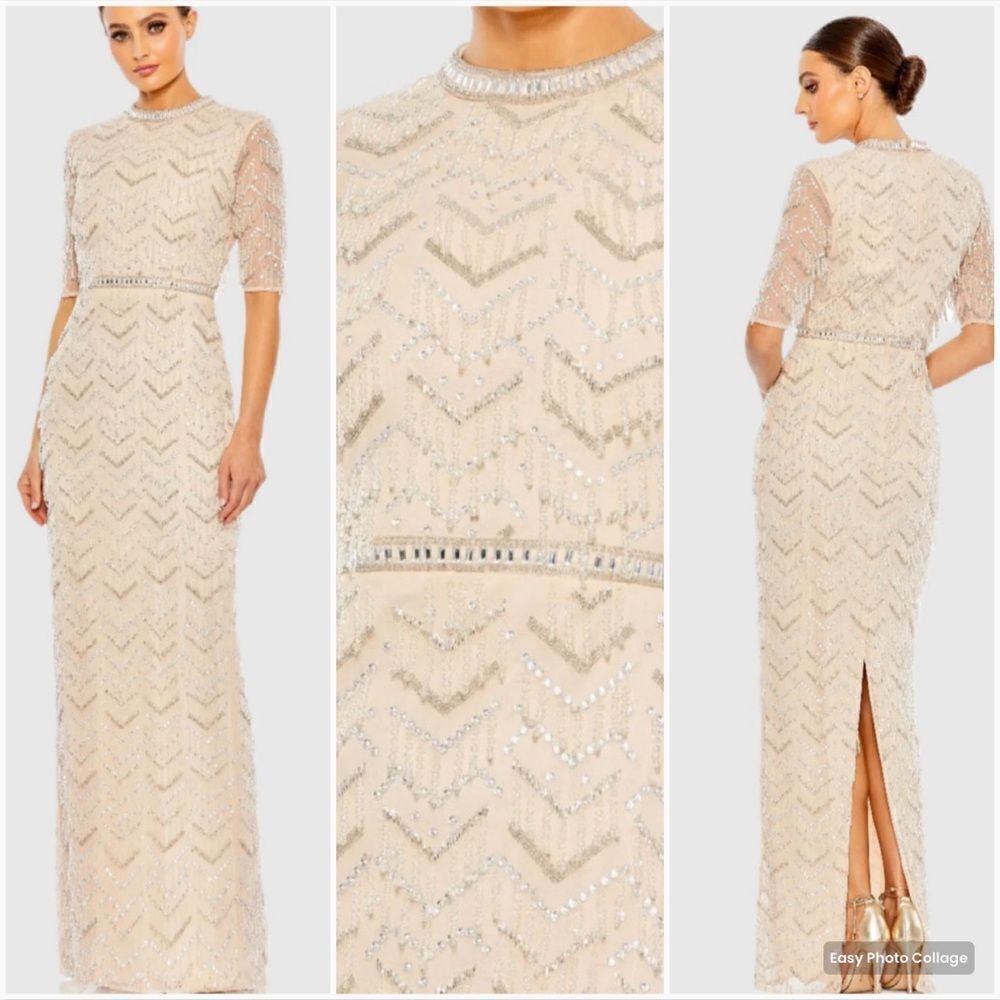 Mac Duggal 94071 Womens Beaded Fringe Quarter Sleeve Column Gown Dress
